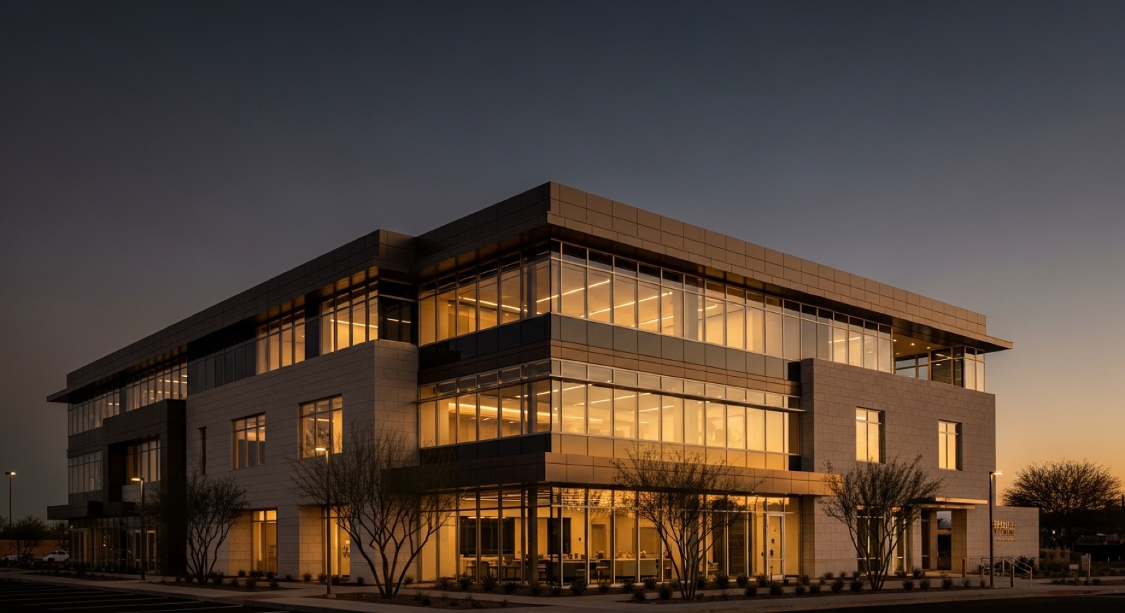 Modern Phoenix law-office building at dusk