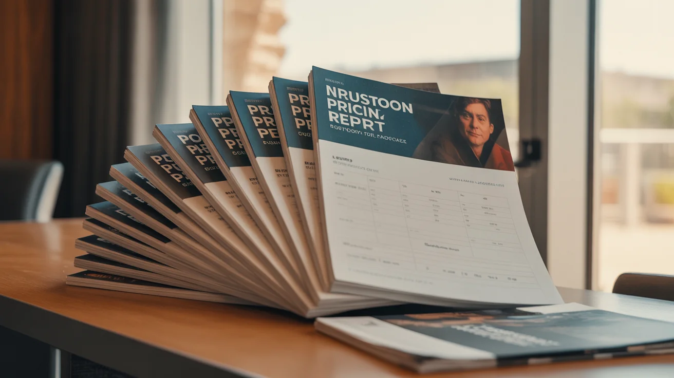 Stack of agency pricing guides and conference brochures fanned across a desk, one page highlighted.