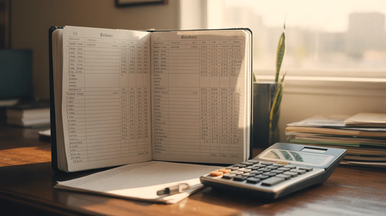Open ledger with handwritten retainer figures in columns next to a calculator on a wooden desk.
