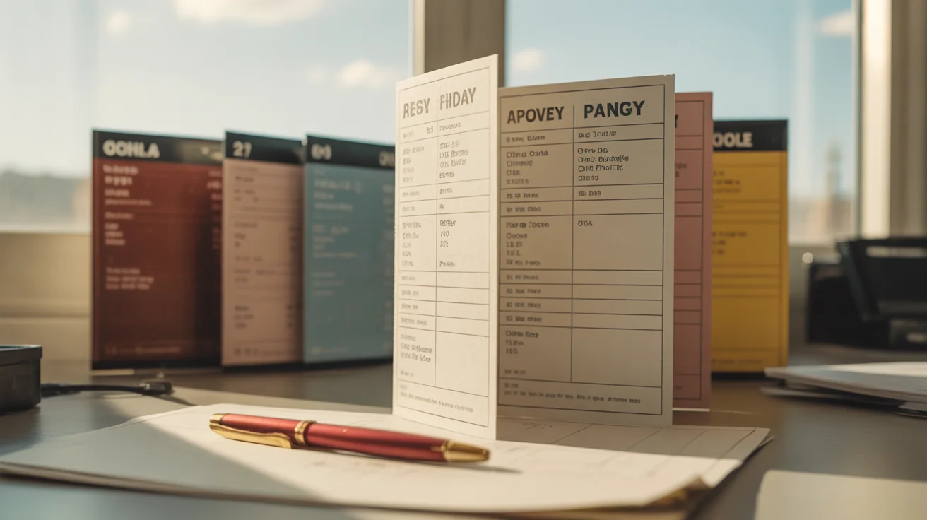 Tri-fold agency pricing brochure showing tiered packages with a red pen resting in front of it.