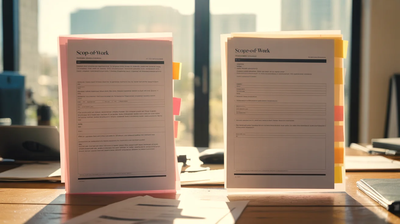 Two scope-of-work documents side by side on a wooden desk, one thicker than the other with sticky-note tabs.