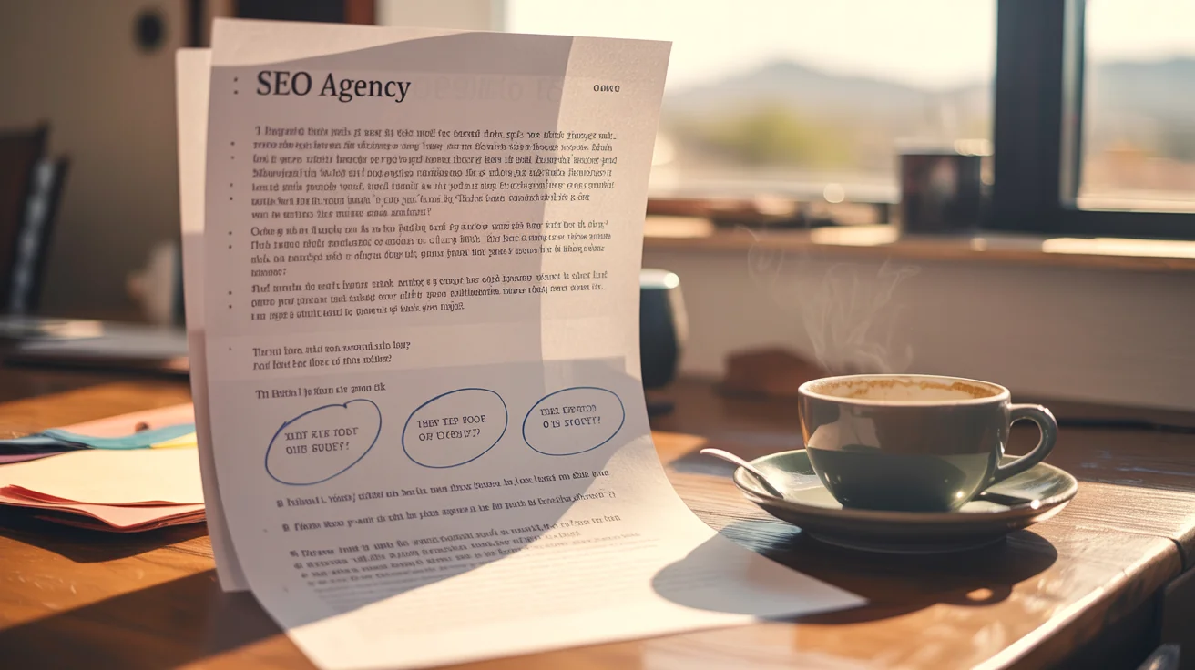 Printed SEO agency quote with handwritten margin notes and three circled questions beside a coffee cup.