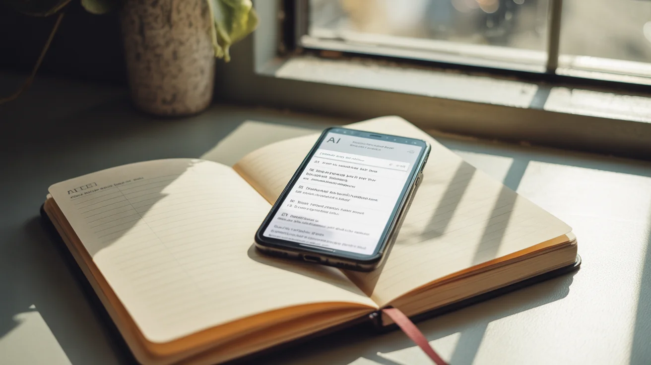 Phone displaying a search results interface with an AI summary panel resting on an open legal pad.