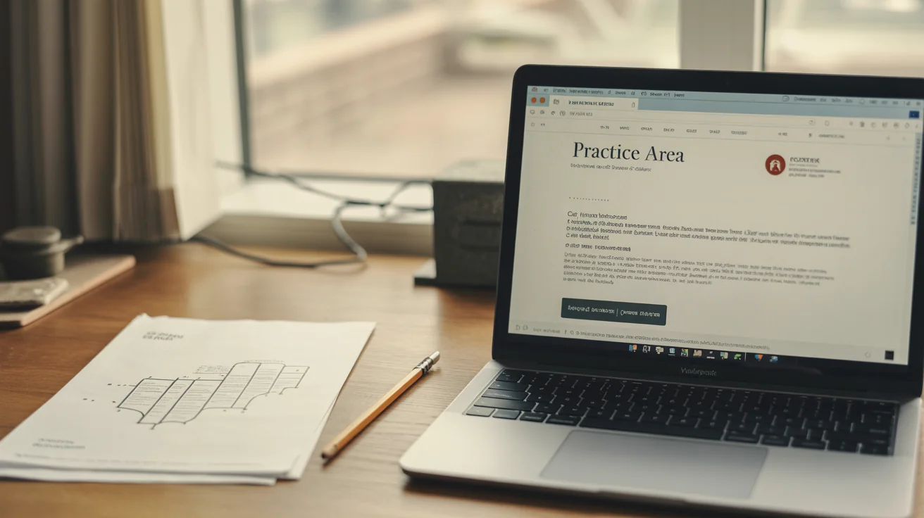 Laptop screen showing a structured practice area webpage beside a printed sitemap and a pencil on a wooden desk.