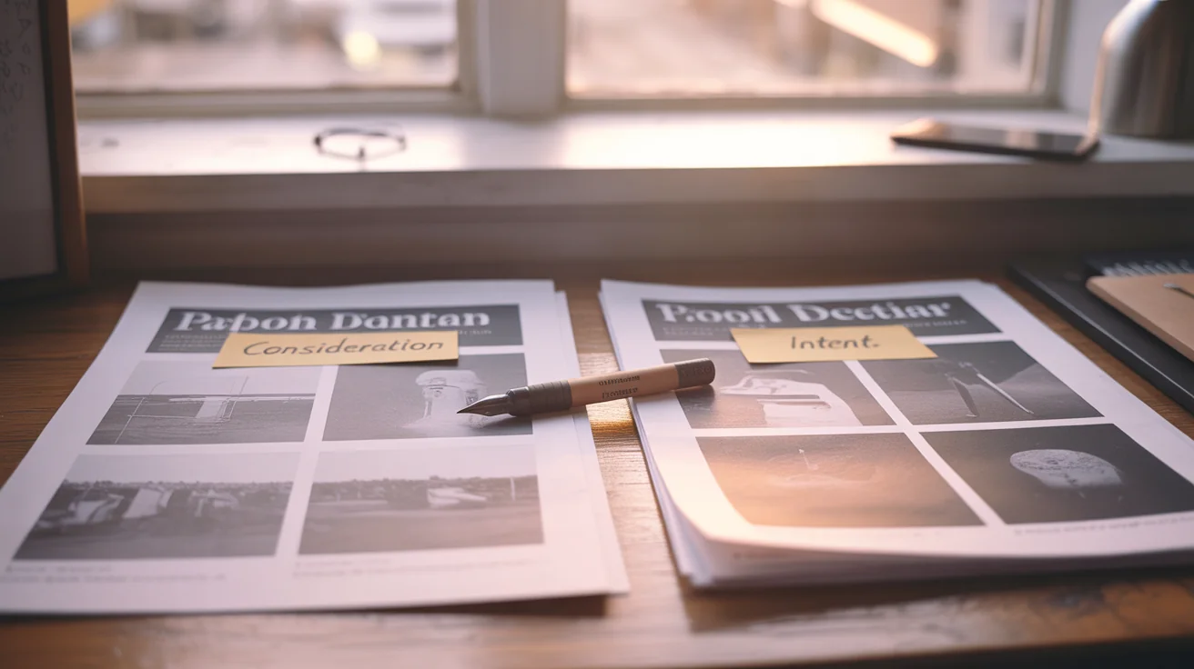 Two printed webpage mockups labeled 'consideration' and 'intent' on a wooden desk with a felt-tip pen between them.
