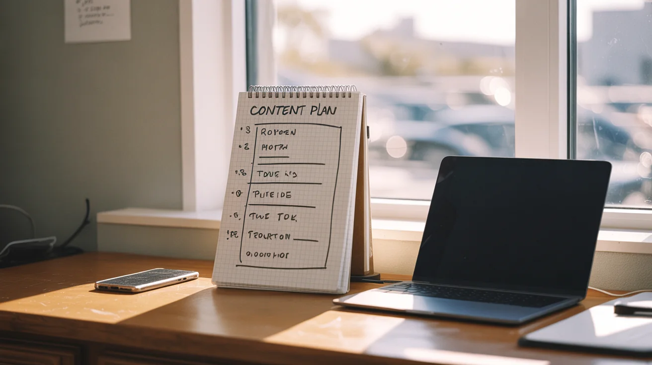 Hand-drawn one-page content plan on a notepad beside a closed laptop and phone on a wooden desk.