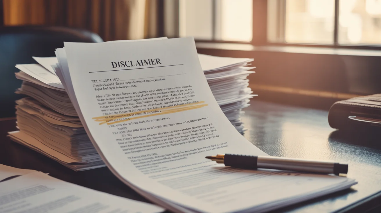 Stack of disclaimer drafts on a lawyer's desk with one page marked in pencil beside a felt-tip pen.