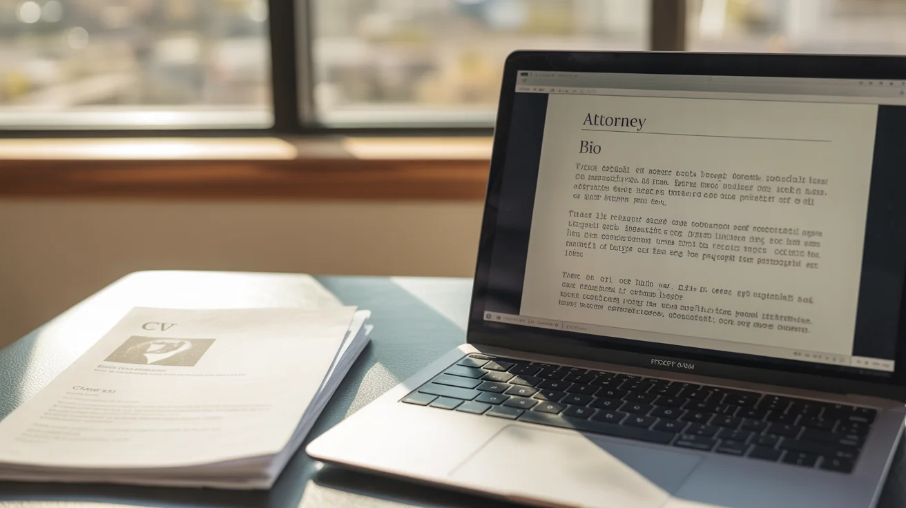 Laptop displaying a draft attorney bio on screen beside a printed CV on a quiet desk in soft window light.