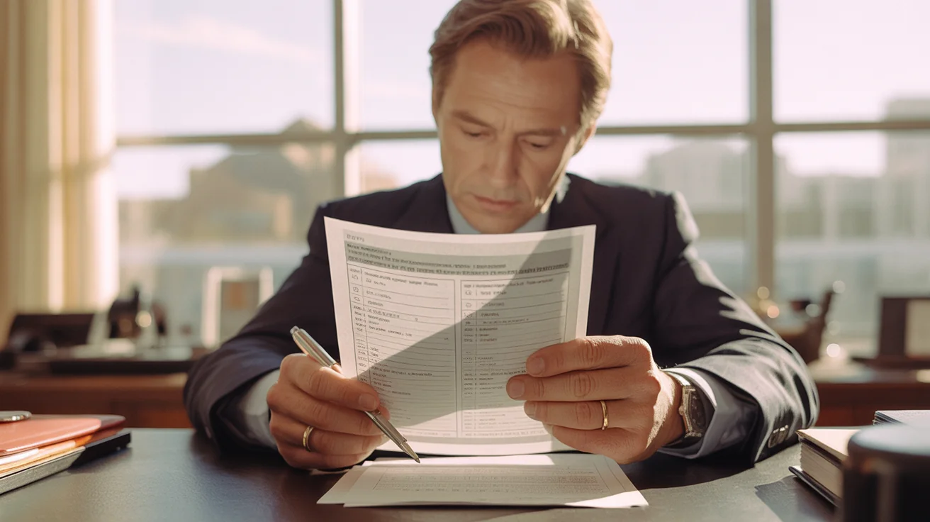 Hands holding a pen above a printed website triage checklist on a wooden lawyer's desk in soft window light.