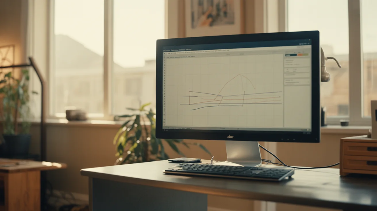 A single muted analytics dashboard on a monitor in a quiet home office, soft daylight from a side window.