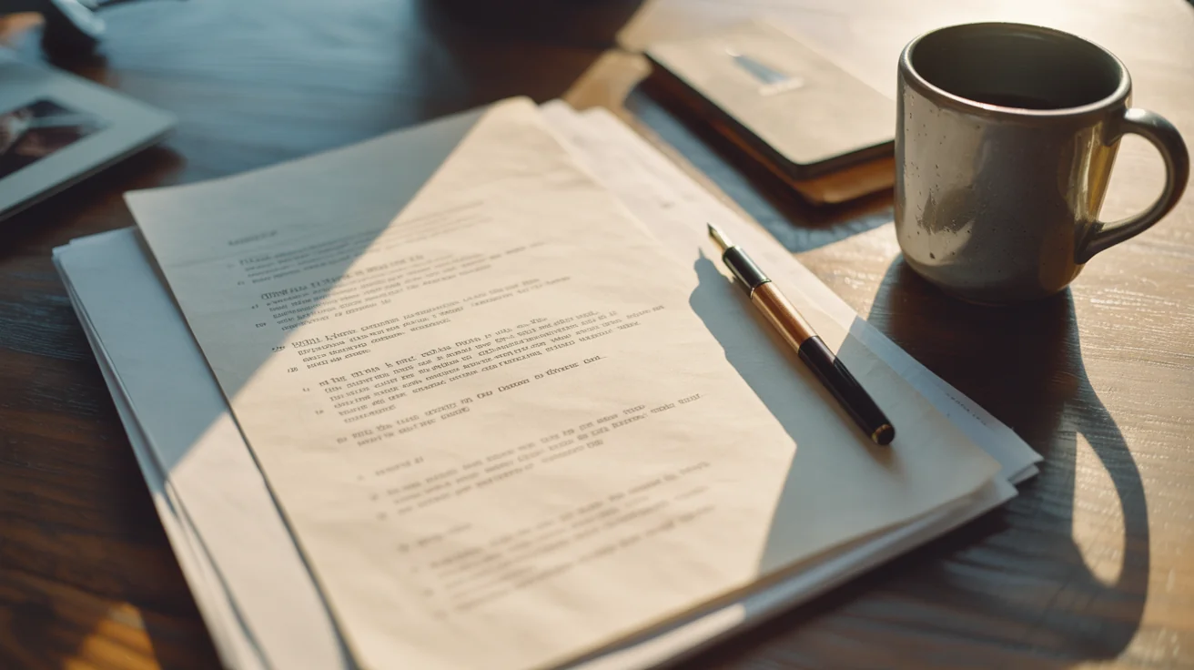 A printed page of notes with handwritten annotations on a wood desk next to a coffee mug.