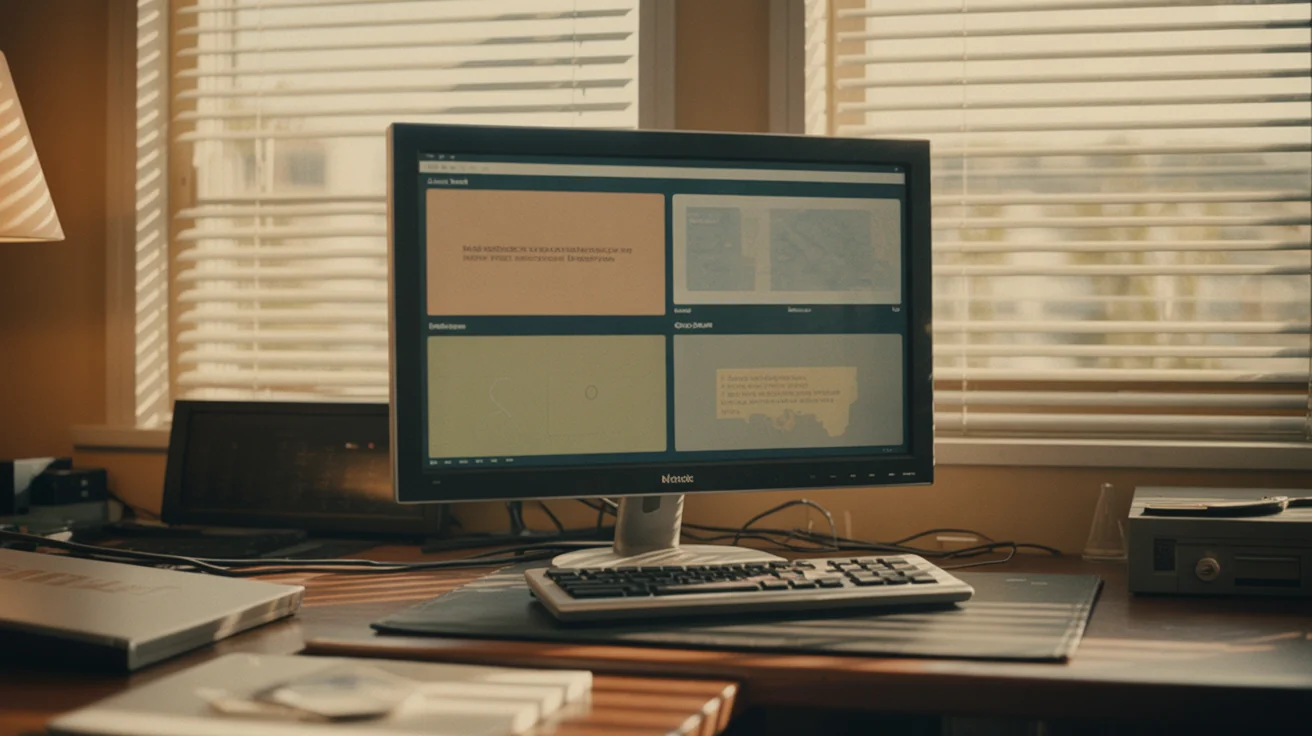 A second monitor on a wood desk displaying a contemplative dual-pane interface, with warm afternoon light through window blinds.