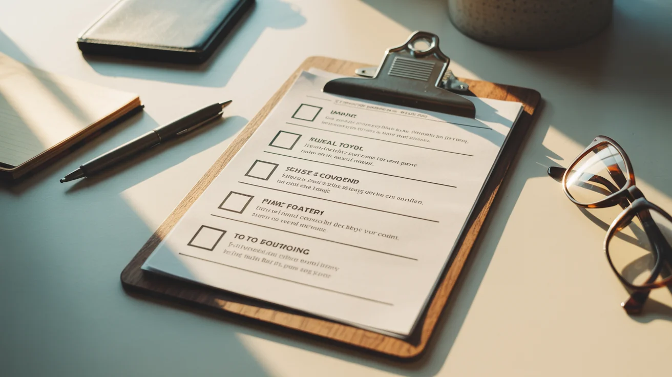 A printed five-item checklist on a clipboard on a wood desk, beside a pen and reading glasses, in soft natural light.