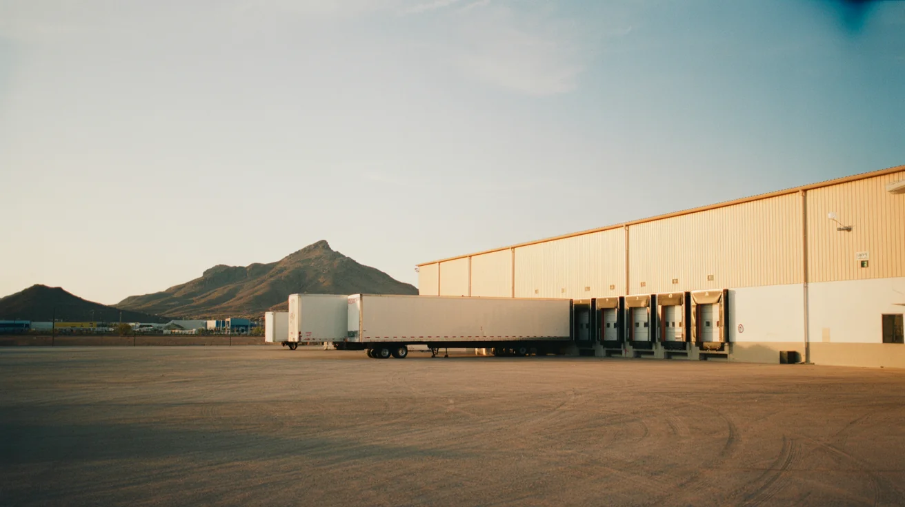 Large West Valley distribution warehouse with semi-trailer loading docks and desert mountains behind.