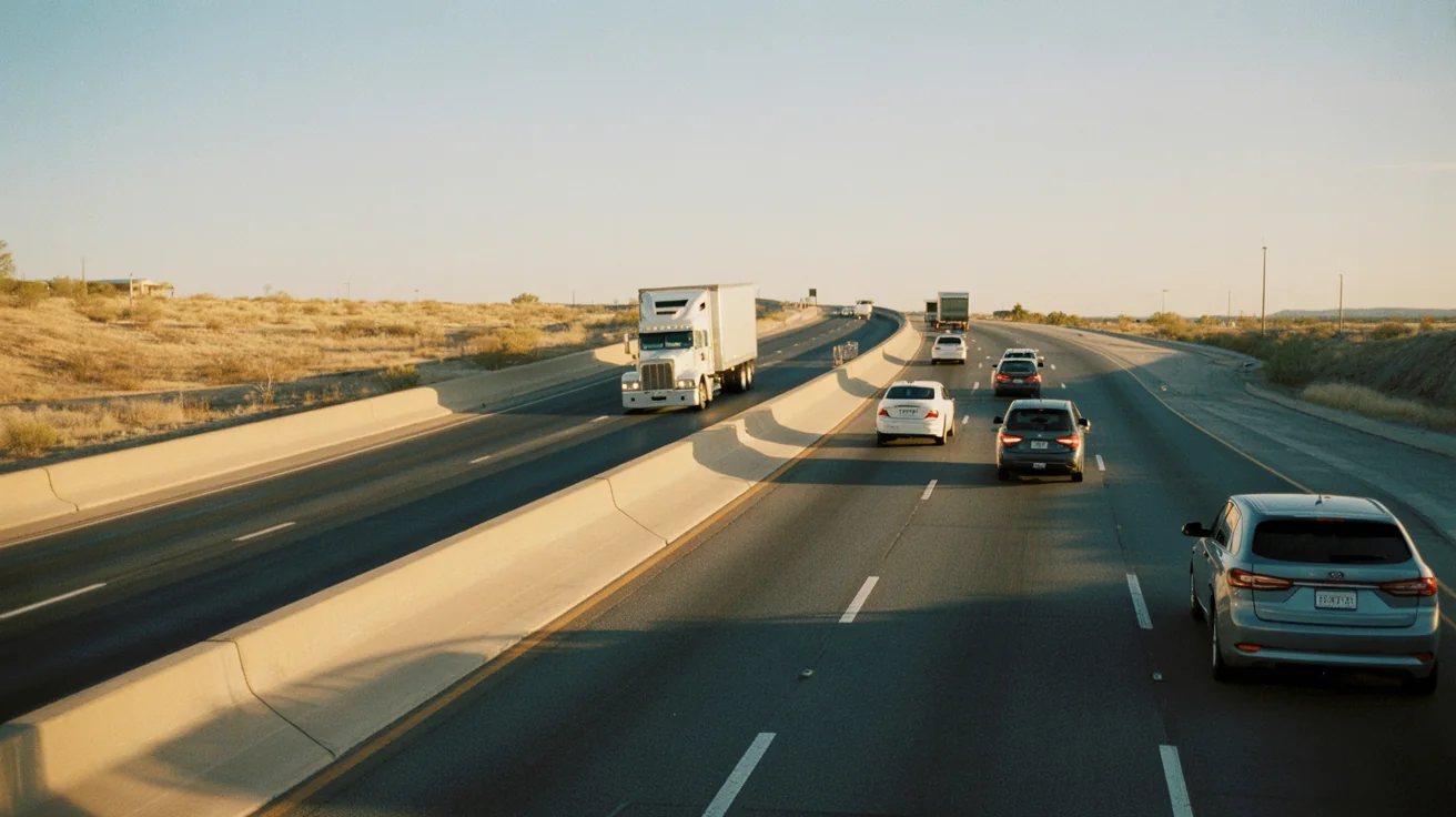 Phoenix freeway on-ramp with semi truck and passenger cars merging at evening, desert shoulder.