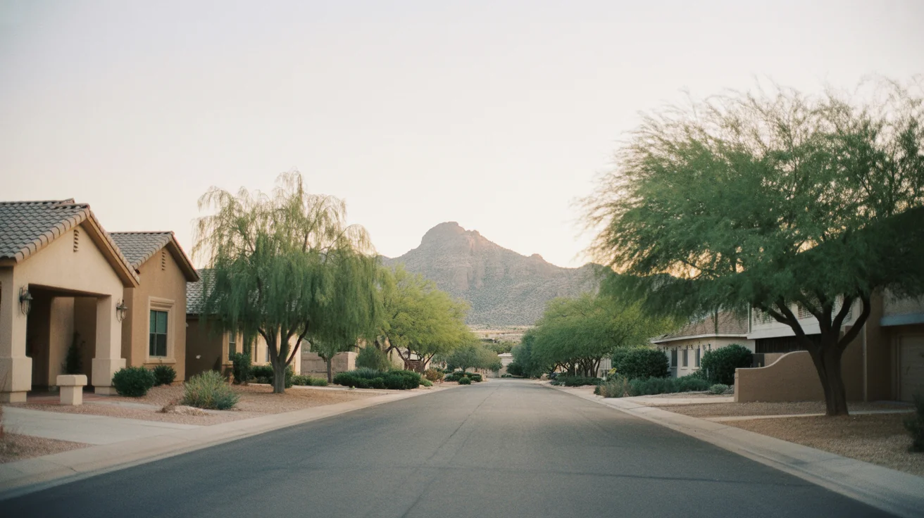 Quiet residential street in Peoria with stucco homes, mesquite trees, and White Tank Mountains beyond.