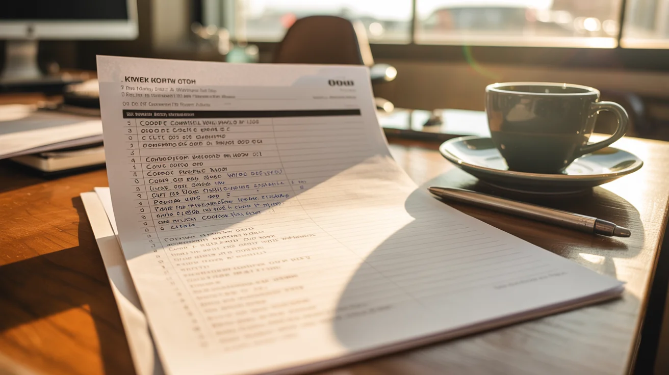 Printed keyword research worksheet with handwritten annotations beside a coffee cup on a wooden desk.