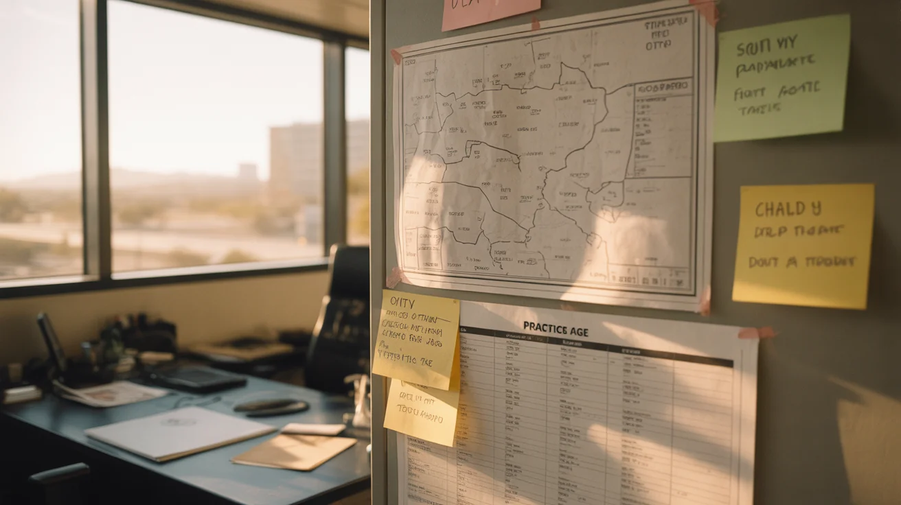 Site map and practice-page outline taped to a wall with sticky notes labeled by city and practice area.