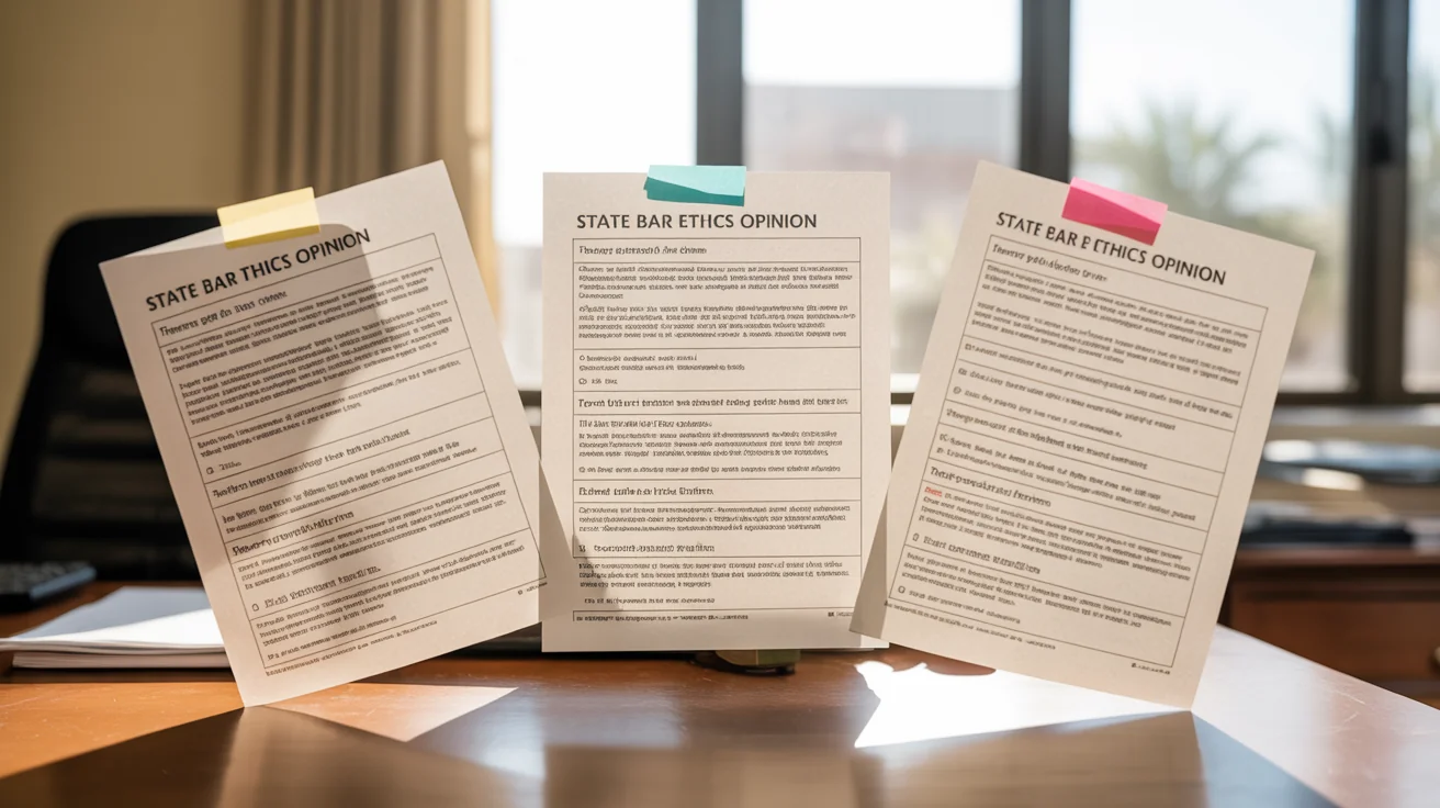 Three printed state bar ethics opinions fanned across a wooden desk with colored sticky-note tabs marking sections.
