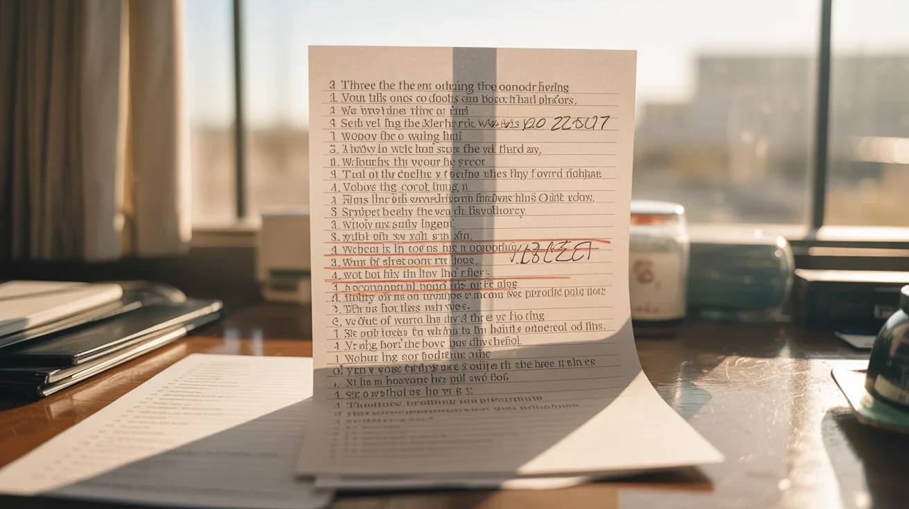 Printed list of marketing phrases on a desk with red-pen strikethroughs and handwritten corrections in the margins.