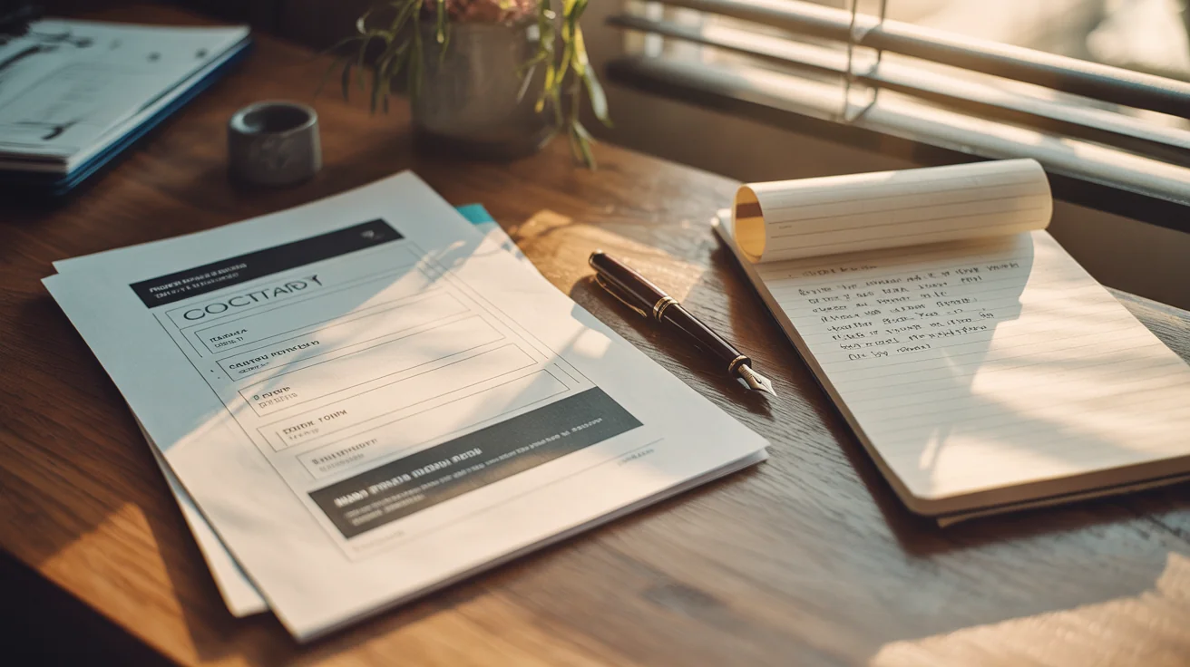 Printed website wireframe of a contact form on a wooden desk with a fountain pen and notepad of revisions.