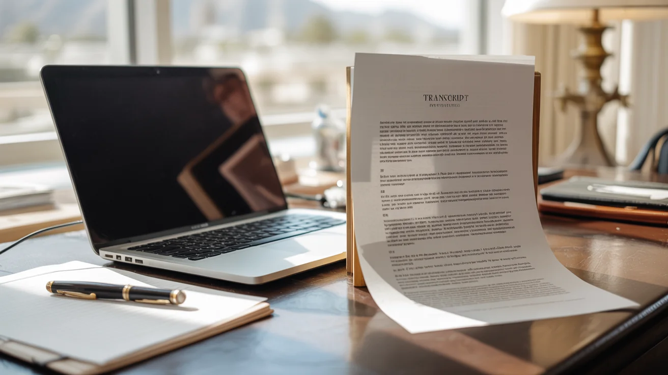 Closed laptop beside a printed transcript with highlighted passages and a fountain pen on a wooden lawyer's desk.