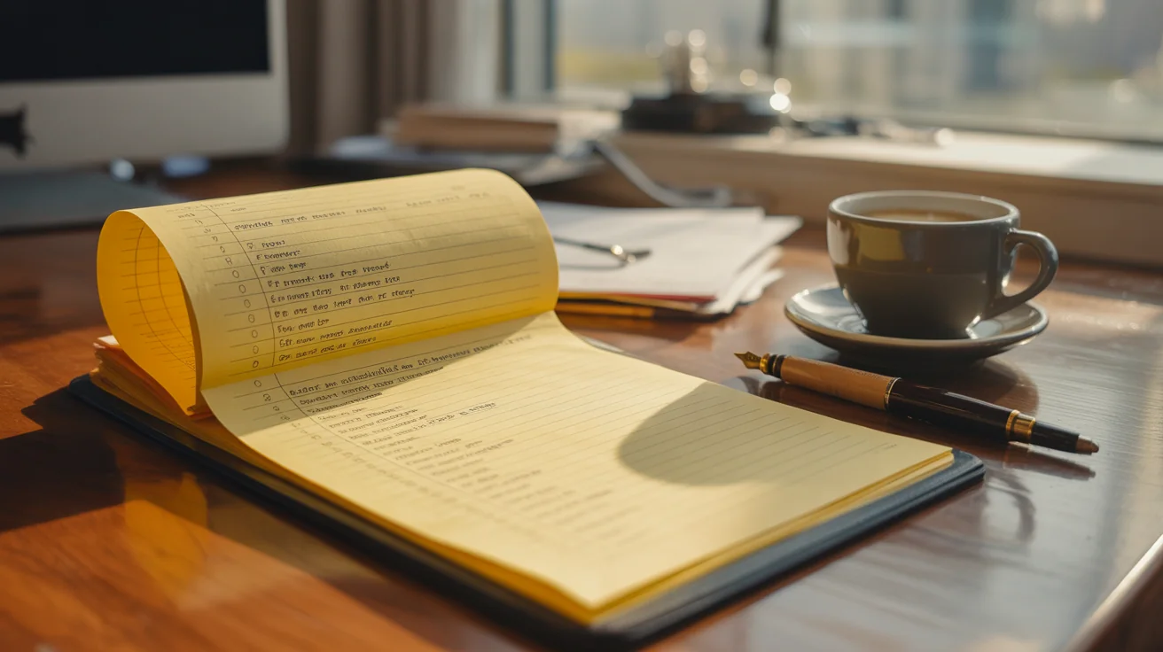 Yellow legal pad on a wooden desk with a handwritten audit checklist beside a coffee cup and fountain pen.