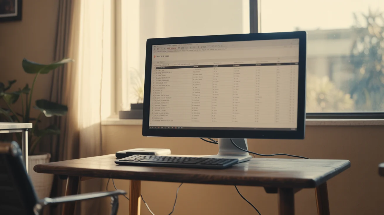 A simple monitor on a wood desk showing a calm spreadsheet-style interface, soft daylight from a side window.