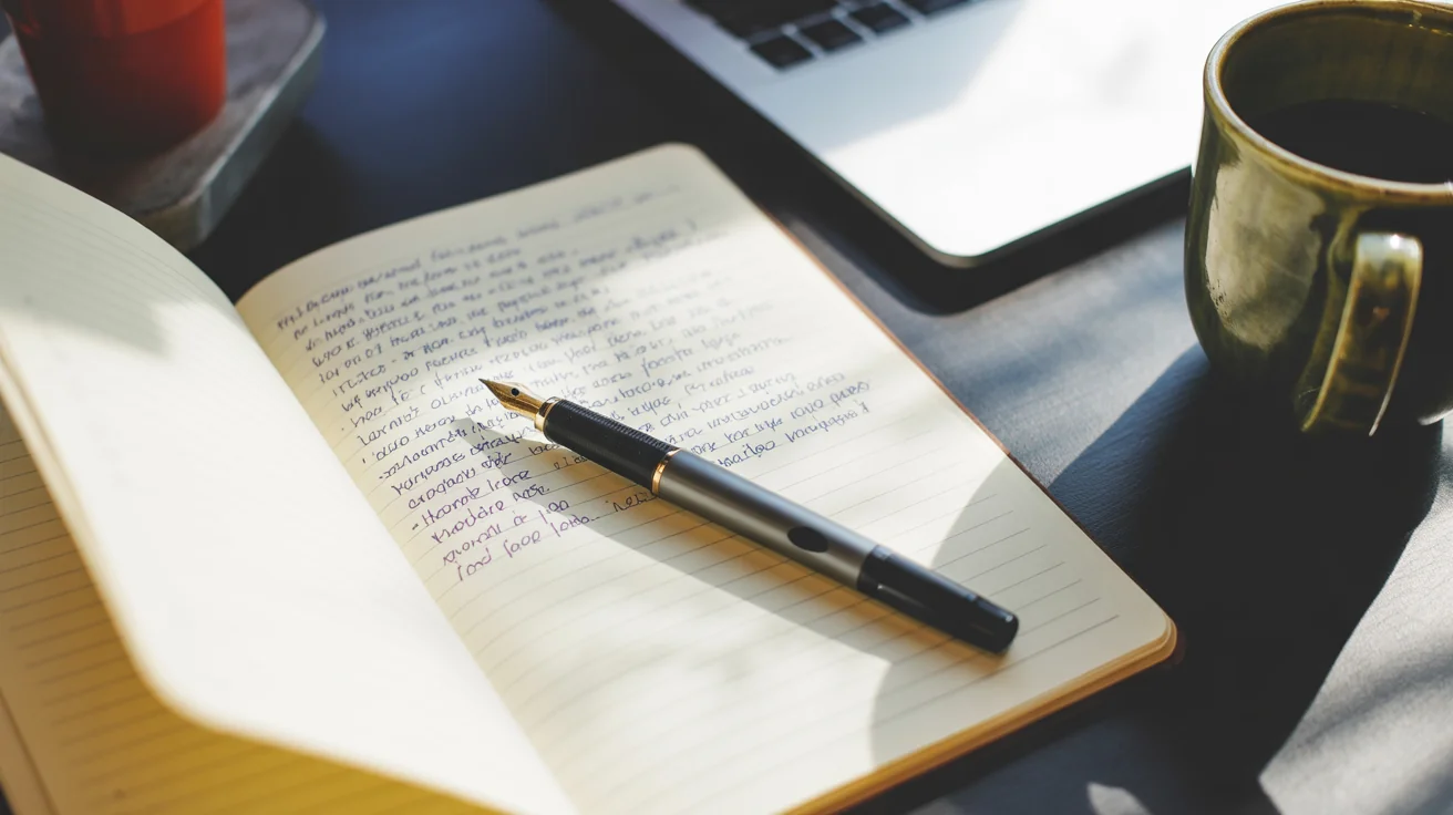Close-up of a notebook page with handwritten notes and a fountain pen, beside a laptop edge.