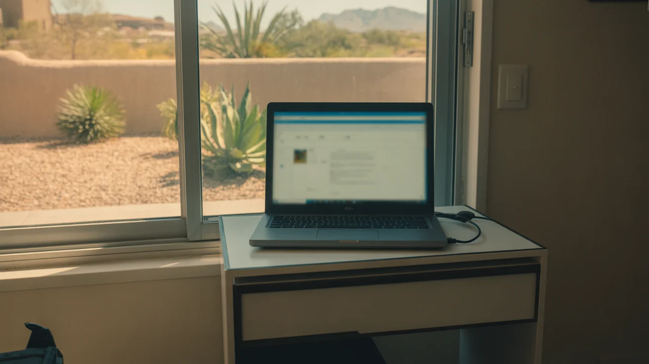 A second laptop on a small desk showing a faint, calm browser window, with a window looking onto desert landscaping outside.