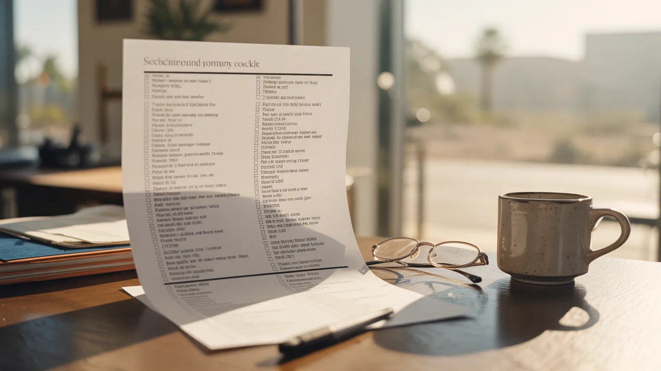 A printed checklist on a wood desk next to a coffee cup and a pair of reading glasses.