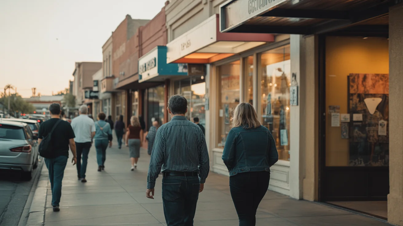 Pedestrians walking past a row of Old Town Scottsdale storefronts at dusk, warm light spilling from the windows.