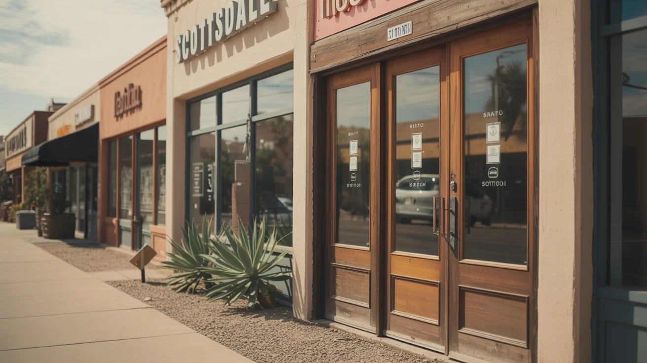 A weathered wood-and-glass office door on a Scottsdale Old Town block, framed by desert landscaping.
