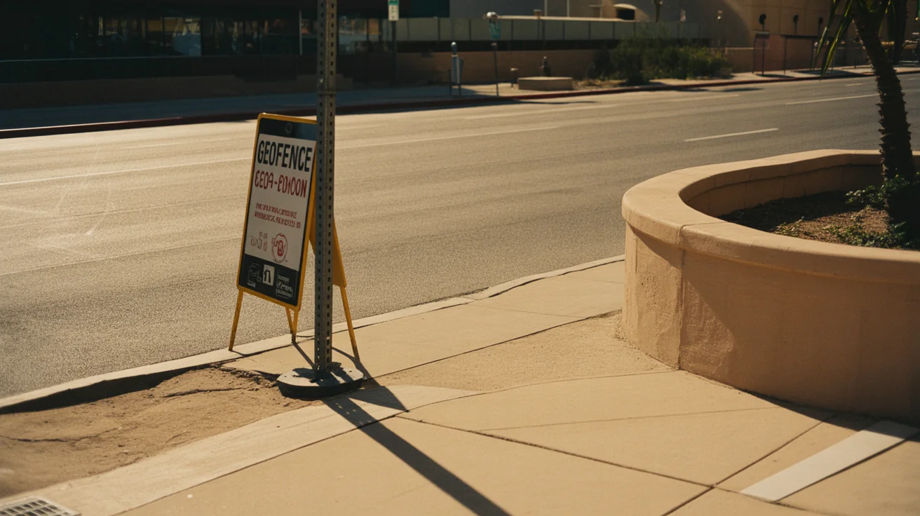 Tempe sidewalk and faded geofence marker sign in late-afternoon amber light, no people in frame.