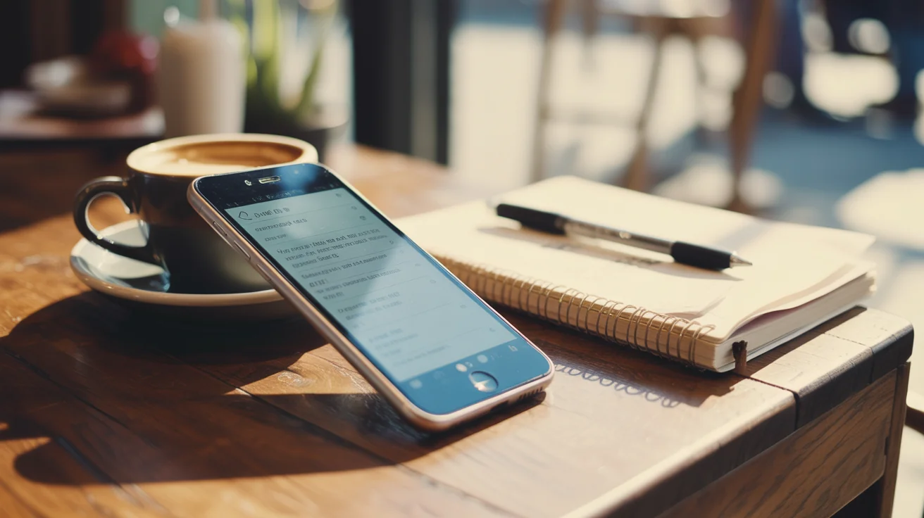 Smartphone resting on a wooden cafe table beside a coffee cup, folded notebook, and pen in soft window light.