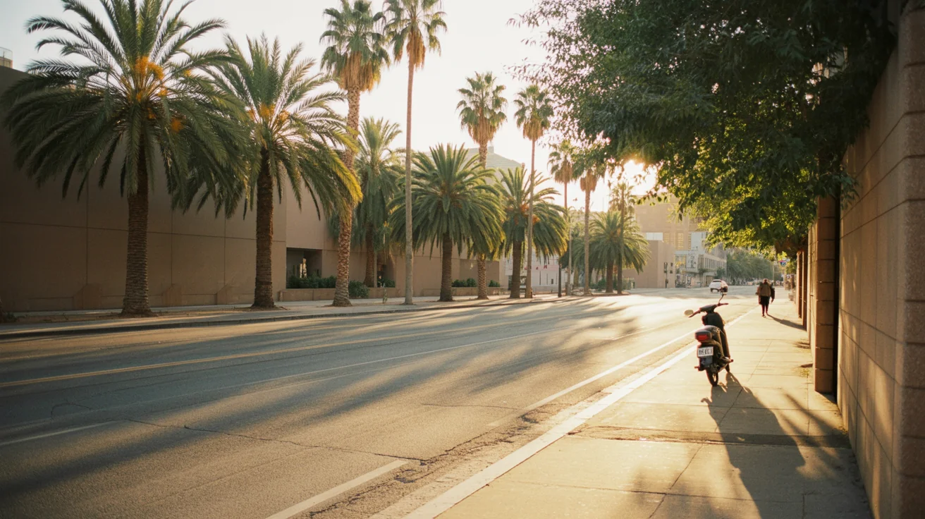 Quiet Tempe side street at golden hour with palm shadows across the pavement and a single distant scooter.