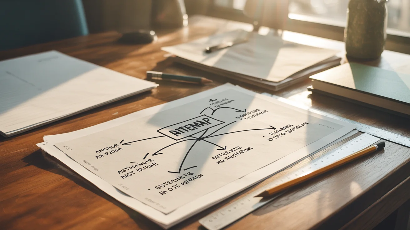 Hand-drawn sitemap diagram on paper showing an anchor page connected to satellite answer pages, with pencil and ruler.