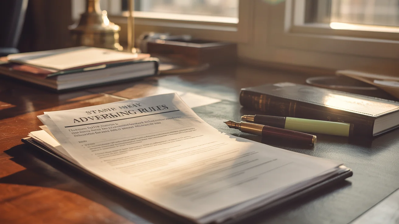 Printed state bar advertising rules on a lawyer's wooden desk with a highlighter and fountain pen on top.