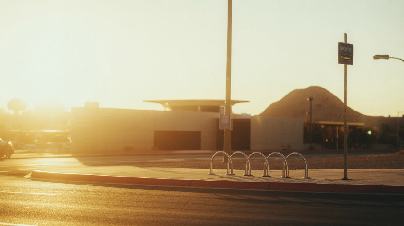 Tempe streetscape at golden hour with low desert architecture silhouettes and a bicycle rack under an amber sky.