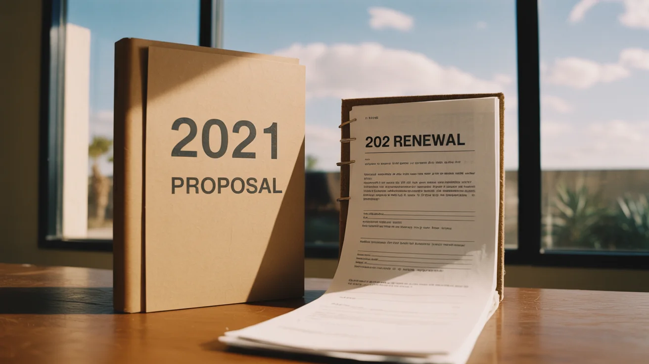 Two stapled vendor proposals side by side on a wooden desk, one labeled 2021 and one labeled 2026 renewal.