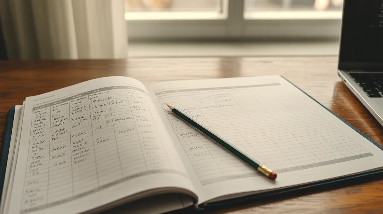 Printed call-tracking spreadsheet with handwritten pencil annotations and a pencil resting across the page.