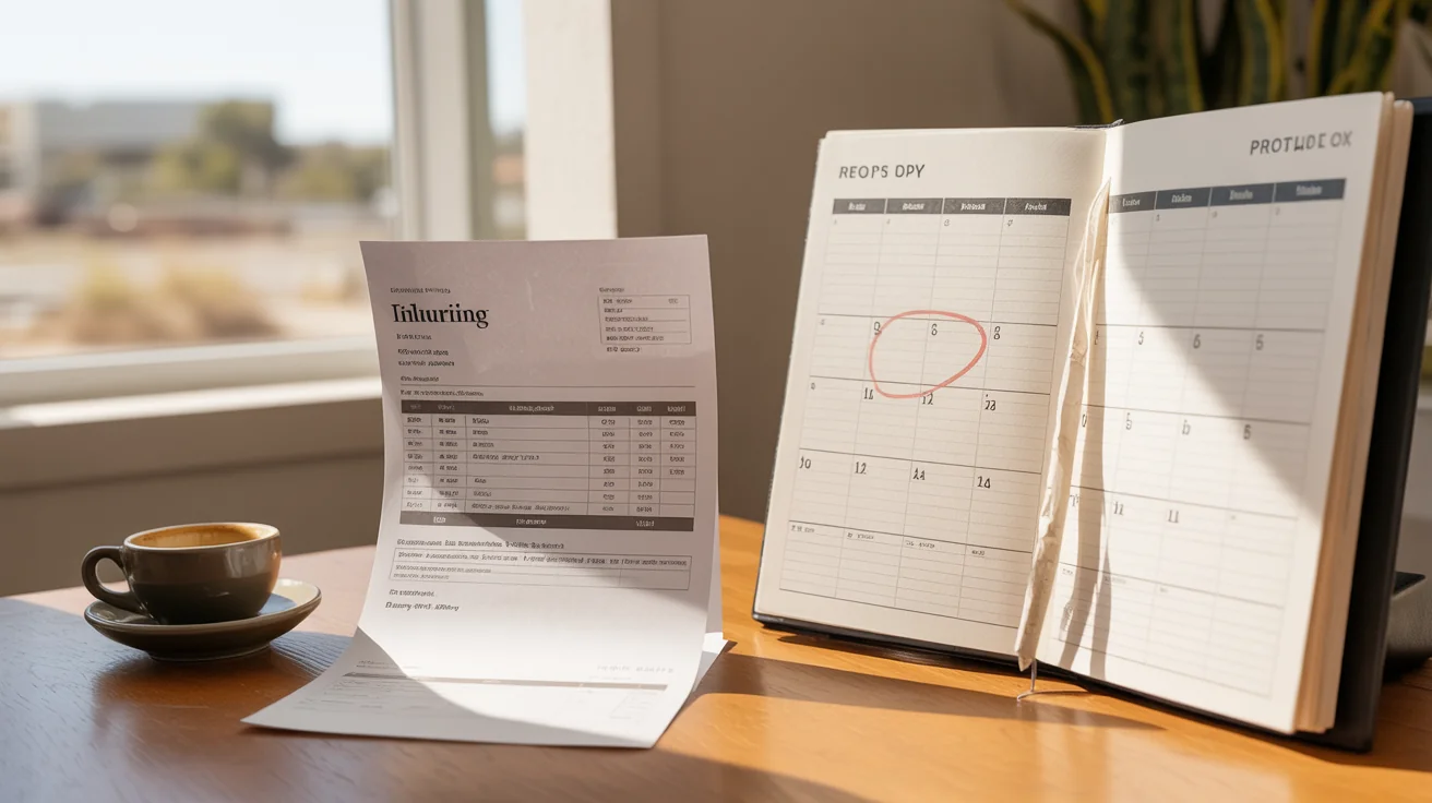 Small recurring billing invoice on a wooden desk next to a coffee cup and a paper planner with a circled date.