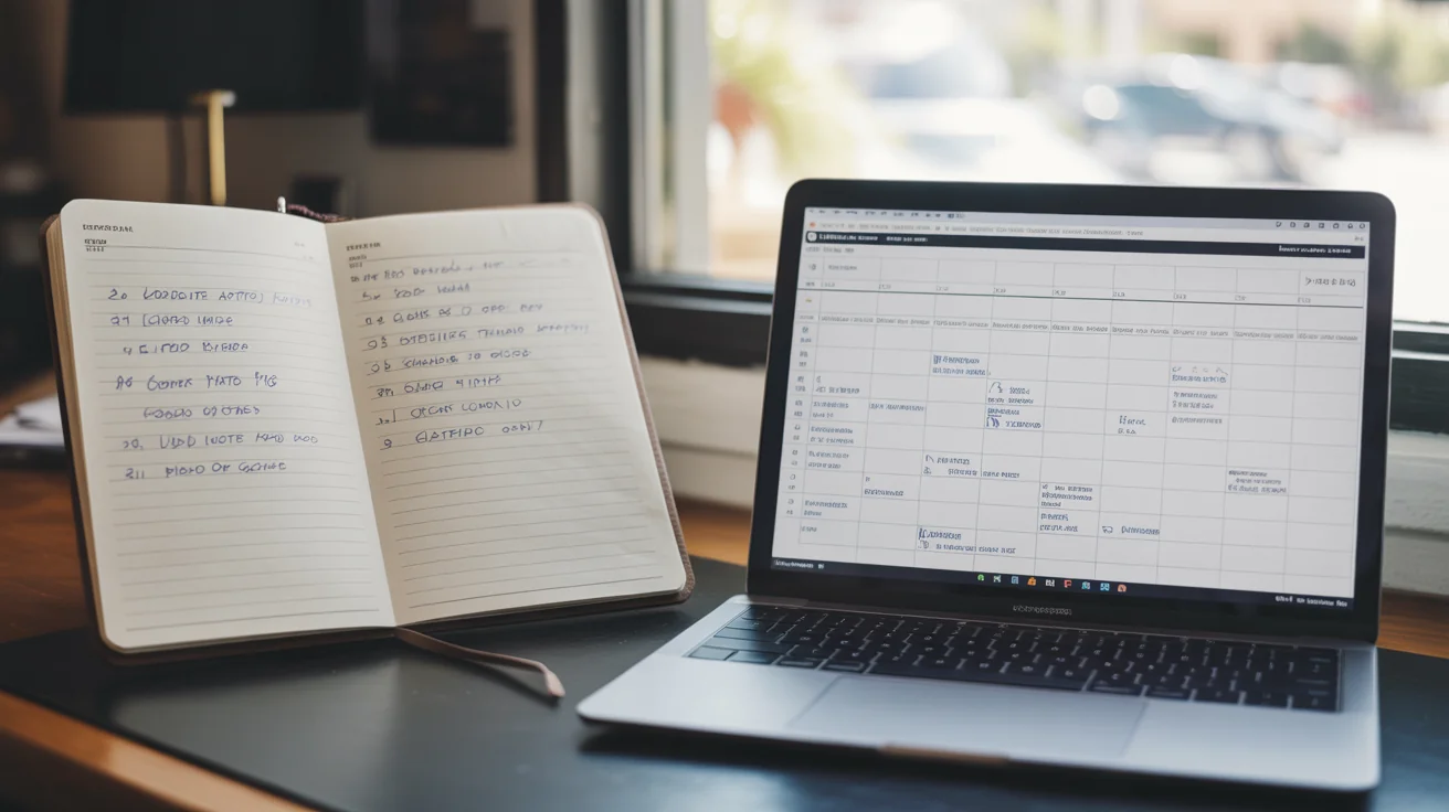 Laptop showing a local business map listing next to a notebook with handwritten budget reallocation notes.