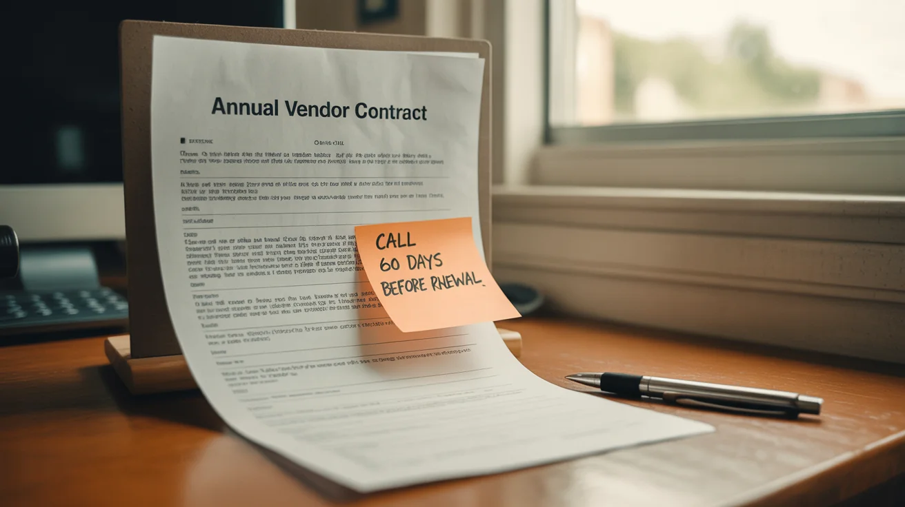 Printed annual vendor contract with a sticky note reminding to call 60 days before renewal on a wooden desk.