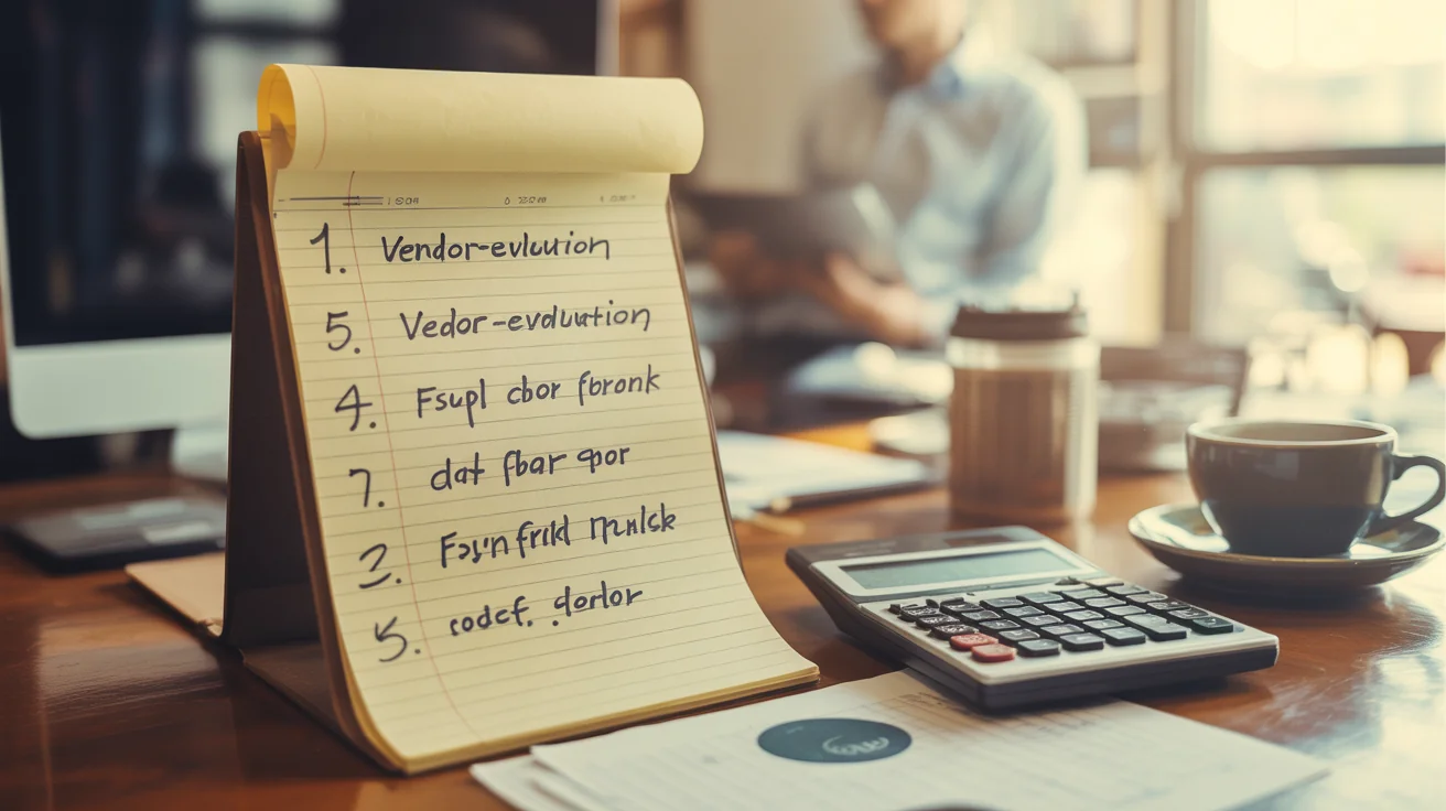 Yellow legal pad with handwritten five-rung vendor evaluation framework beside a calculator and coffee cup.